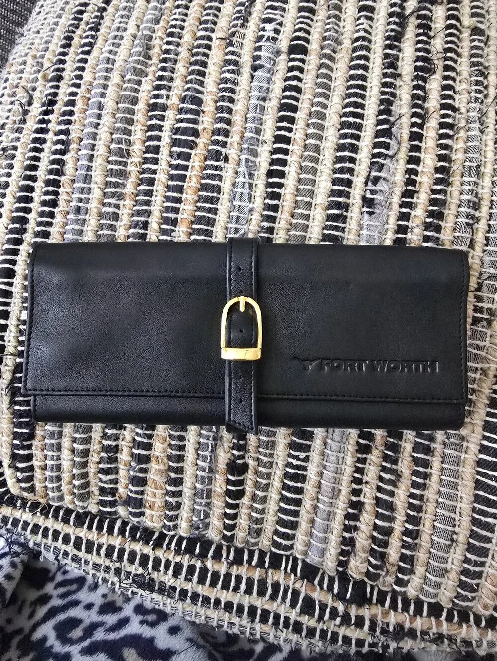 Black Leather Jewerlry Roll with Gold Buckle Fort Worth Inscripted
